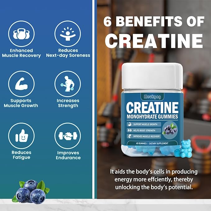 Creatine Monohydrate Gummies for Men & Women Chewables Creatine Monohydrate for Muscle Strength Muscle Builder Energy Boost Pre-Workout Gummies(60 Count) - Blueberry Flavor