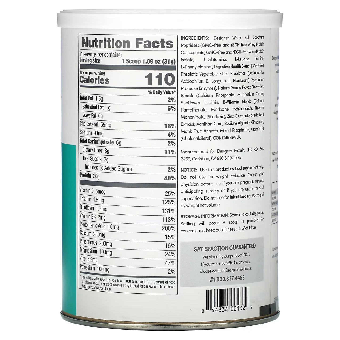 Designer Wellness Designer Whey Natural 100% Whey Protein Powder with Probiotics  Fiber and Key B-Vitamins for Energy Gluten-free Non-GMO French Vanilla 12 oz