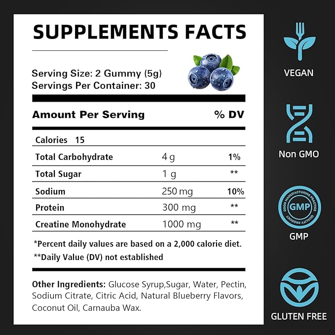 Creatine Monohydrate Gummies for Men & Women Chewables Creatine Monohydrate for Muscle Strength Muscle Builder Energy Boost Pre-Workout Gummies(60 Count) - Blueberry Flavor